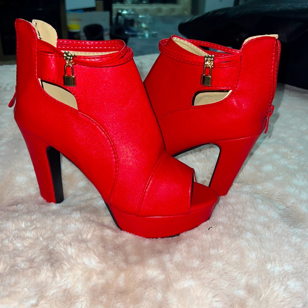 Red faux leather platform shoes